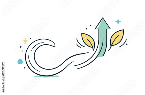 Abstract rebirth flow. A fluid circular shape gradually transforming into upward arrows or leaves. Visual metaphor for change, renewal, and