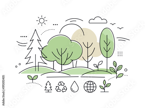 Forests. Abstract editorial composition with layered trees, leaves, and soft lines suggesting depth and calm. Modern nature concept focused