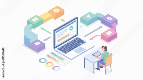 online learning workflow, laptop without logo, abstract course modules blocks without text