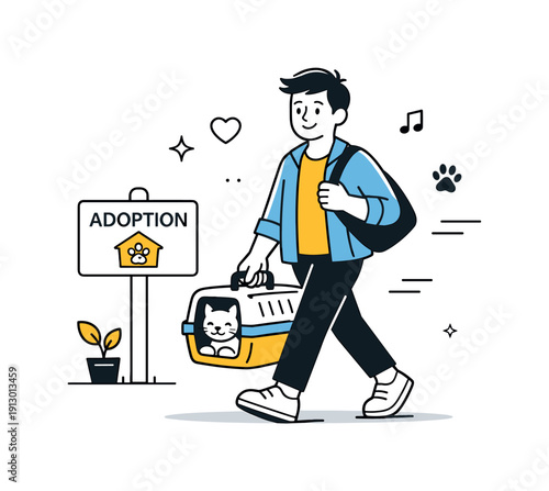 Adoption Joy. Happy adoption moment. Person leaving with a pet carrier or leash, gentle smile and positive emotion. Visual story of new companionship and hope.