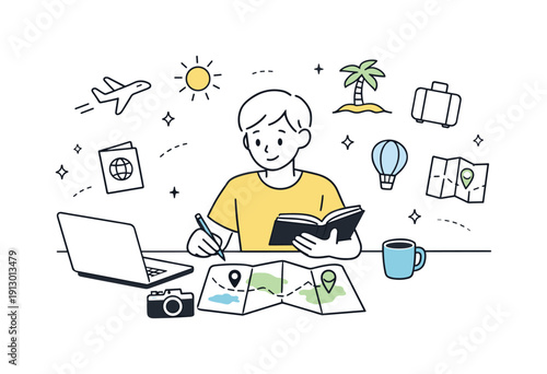 Summer travel planning. Person sitting at a desk with a laptop, map, and notebook, calmly organizing a trip. Sense of anticipation and focus