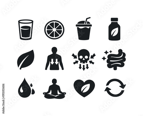 Detox. Solid icon set of detox and cleansing: water glass, lemon slice, green smoothie, detox bottle, leaf symbol, body cleanse arrows, toxin