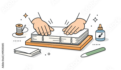 Traditional bookbinding scene. A partially bound book held gently while pages are pressed together. The mood feels calm, focused, and