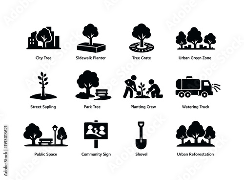 Urban Tree Planting. Solid icon set of Urban Tree Planting: city tree, sidewalk planter, tree grate, urban green zone, street sapling, park