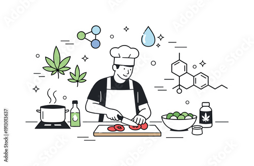 CBD Cooking Concept. Cooking with CBD concept. A calm kitchen scene with a cook preparing food while simple leaf and molecule symbols float nearby, suggesting
