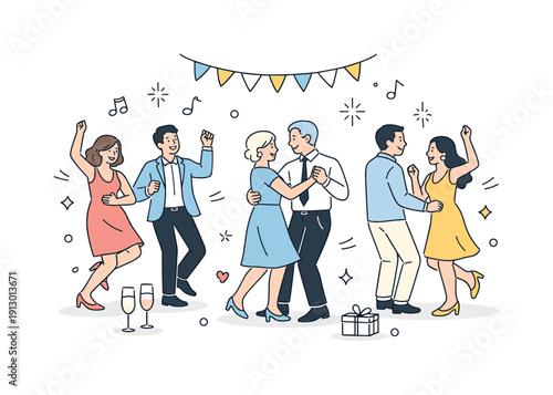Elegant celebration dance. A small group moving to music during a wedding or anniversary party, relaxed smiles and flowing