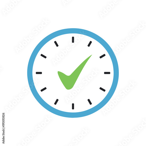 Green checkmark on clock face graphic with blue border and black dashes representing time management and success