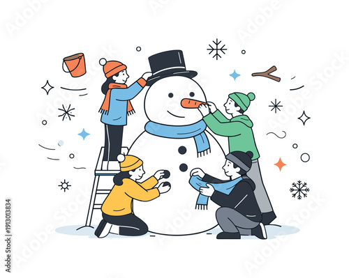 Building snowmen as a team. Group collaborating on a large snowman, calm teamwork and shared fun. Hats, carrots, buttons, and abstract