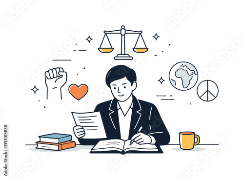 The role of legal professionals in societal justice movements. A lawyer reviews case documents and legal texts connected to social causes,