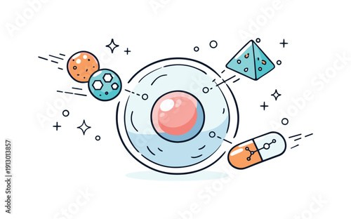 Nanotechnology in medicine. Conceptual scene of nanoparticles targeting a single cell, shown as gentle geometric shapes interacting