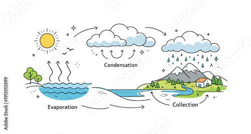 Precipitation cycle. A wide scene showing evaporation from water, cloud formation, and rainfall returning to the ground. Complete water