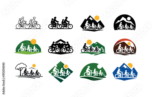 Family togetherness outdoors. Icon set. Set Logo of family togetherness outdoors: family riding bicycles. harmonious logo variations of the