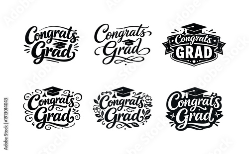 Congrats grad. Set lettering. harmonious lettering variations of the same emblematic concept, each with different artistic interpretation