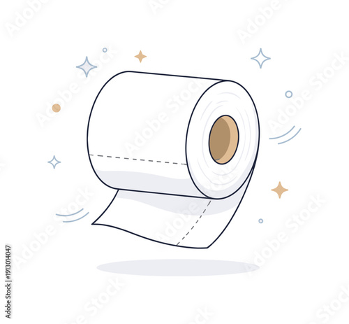 Minimal bathroom product. A stylized toilet paper roll with a simple cardboard core visible, floating slightly above the surface. The scene