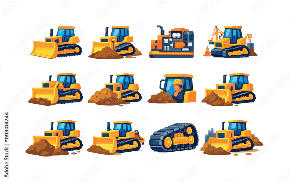 Naklejka premium Bulldozer. Colorful flat vector icons set of bulldozer: front blade bulldozer, tracked wheels, construction vehicle, heavy machinery,