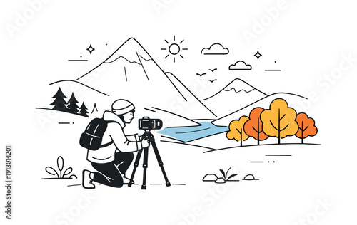 Autumn Photography Scene. Fall colors in nature photography. A photographer adjusting a camera tripod in a mountain valley with autumn trees, calm preparation