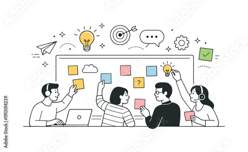 Online brainstorming session. Team members adding ideas to a shared board, sticky notes and symbols appearing above the workspace.
