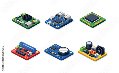 Embedded systems. Isometric flat vector icons set of embedded systems: single board computer, development board with USB ports, embedded