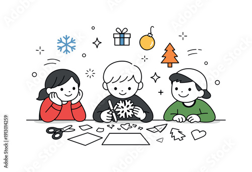 Holiday paper crafts. Child carefully making a paper snowflake while others watch and smile. Calm creative moment with floating paper shapes