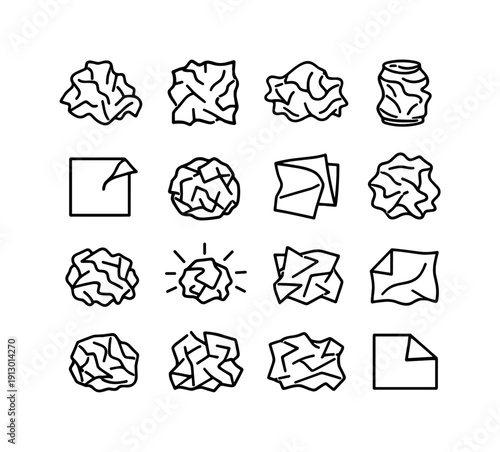 Crumpled items. Line icon set of Crumpled items: crumpled napkin, crumpled paper, wrinkled tissue, smashed packaging, bent paper edge,