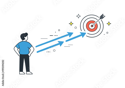 Vision and goals. A person looking ahead at a clear target symbol with stars and arrows pointing forward. The illustration conveys direction,