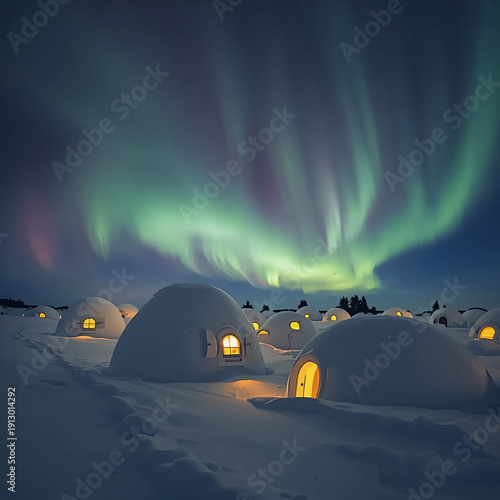 Snowy igloos under vibrant aurora borealis night sky