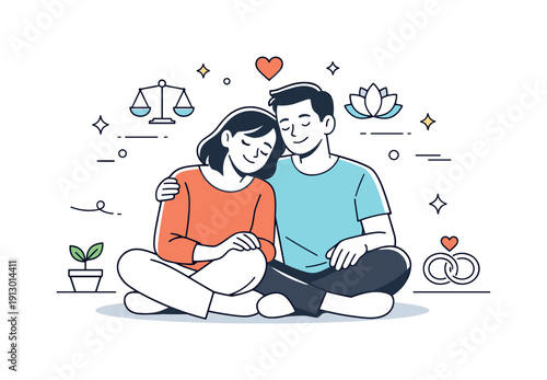 Healthy relationship and mental health. A couple sitting together peacefully, showing mutual understanding and emotional balance. Light