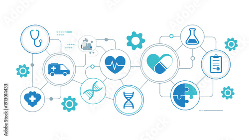 A medical and healthcare network diagram in blue and turquoise colors on a white background (2)_traced