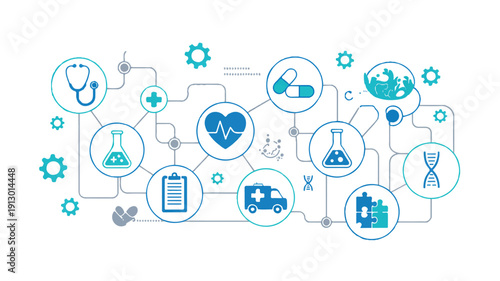 A medical and healthcare network diagram in blue and turquoise colors on a white background (3)_traced