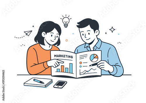 Brochure Design Review. Marketing brochure review. Two colleagues reviewing a printed brochure together, pointing at headlines and charts, calm collaboration