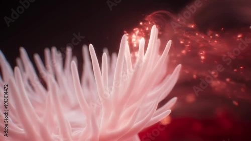 Close up view of a luminous white sea anemone with delicate tentacles interacting with glowing red particles in a dark underwater environment