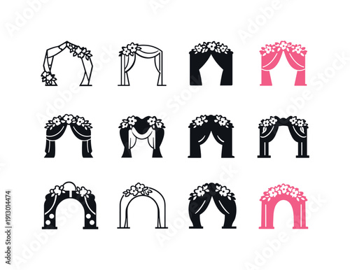 Wedding Icon Set. wedding ceremony. Icon set. Set Logo of wedding ceremony: floral wedding arch. harmonious logo variations of the same emblematic concept,
