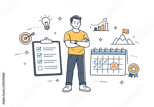 Building and maintaining motivation. A person starts the day with a clear plan, standing confidently near a checklist and calendar. Calm