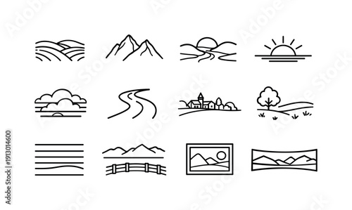 Colorful landscapes. Line icon set of Colorful landscapes: rolling hills, mountain peaks, river valley, sunset horizon, layered clouds,