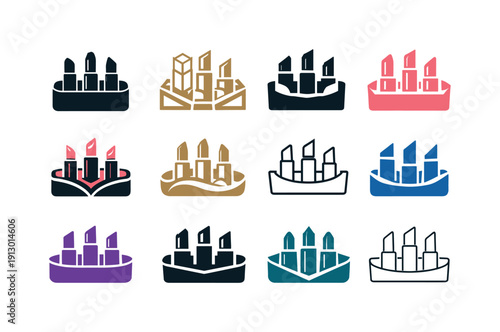 Makeup organizer tray. Icon set. Set Logo of makeup organizer tray: lipstick holder slots. harmonious logo variations of the same emblematic
