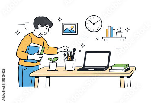 Organizing an artistic home office. A person arranging brushes, notebooks, and a laptop in a tidy creative studio space. The mood is calm and