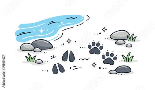 Animal tracks by the river. Hoof and paw marks near flowing water, lightly interrupted by stones and grass. The scene feels balanced,