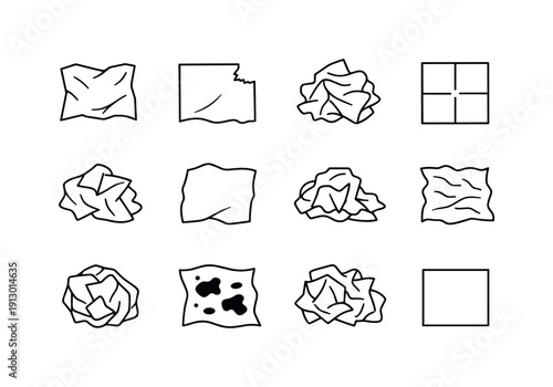 Used Napkin Icons. Used napkin icons. Line icon set of Used napkin icons: unfolded napkin, torn napkin edge, used crumpled napkin, napkin with fold lines, soft