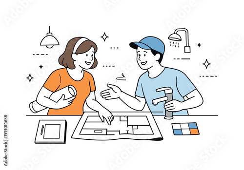Home renovation teamwork. Two people discussing kitchen or bathroom upgrades, pointing at plans and fixtures. Friendly collaboration and