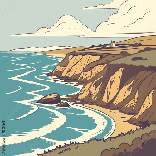 Coastal Cliff Landscape Design with Ocean Waves and Beach