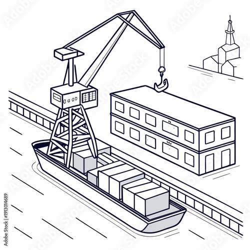 Harbor Crane Unloading Heavy Cargo - Clean Flat Vector Illustration