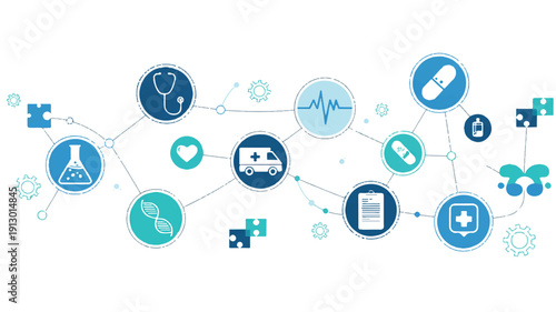 A medical and healthcare network diagram in blue and turquoise colors on a white background (4)_traced
