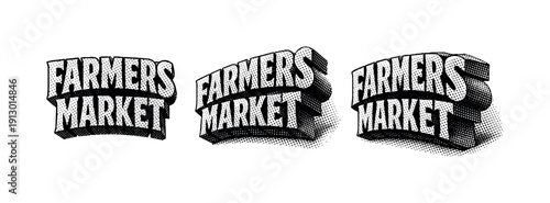 Farmers market typographic logo A typographic farmers market logo mark shown in three views including frontal view, offset view,