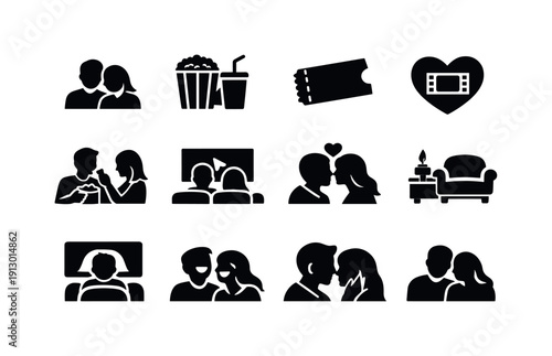Movie Date Icons. Movie date night. Solid icon set of Movie date night: movie couple icon, popcorn and drink combo, theater ticket stub, cinema heart icon,