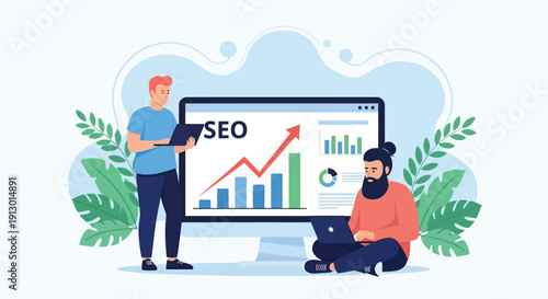 Illustration of two people with a laptop and tablet in front of a large screen showing an SEO graph with upward trends. Greenery in the background.