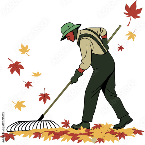 Landscaper Raking Leaves in Yard White Background