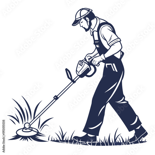 Landscaper Trimming Grass with String Trimmer on White Background