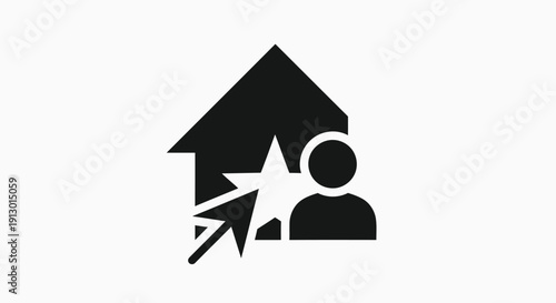 Vector black silhouette icon of a house with a person and a star-shaped cursor, representing real estate agent services or property selection. isolated PNG with Transparent Background