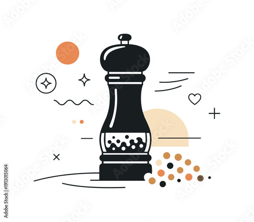 Modern Pepper Grinder Art. Pepper grinder. Abstract editorial composition with a pepper grinder, spice dots, and gentle motion lines arranged in