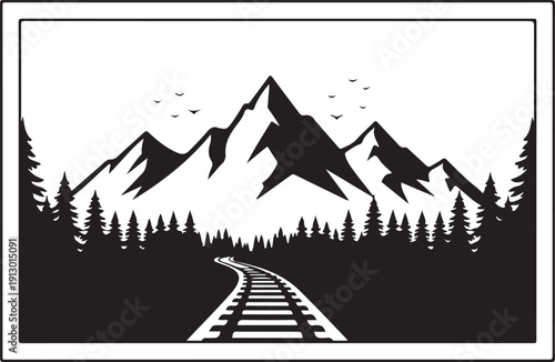black silhouette of railway track landscape on white background, vector.